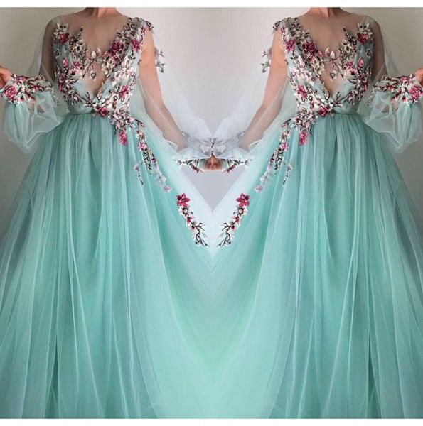 mint tulle a line prom dresses sheer long sleeves 3d floral embroidery lace applique beaded formal evening gowns bc2916, Black
mint tulle a line prom dresses sheer long sleeves 3d floral embroidery lace applique beaded formal evening gowns bc2916, Black