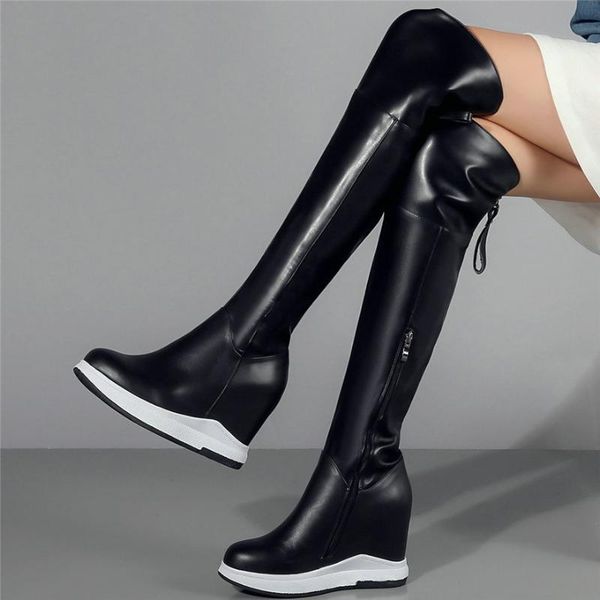 long pumps shoes women genuine leather wedges high heel knee high boots female round toe platform thigh fashion sneakers, Black
long pumps shoes women genuine leather wedges high heel knee high boots female round toe platform thigh fashion sneakers, Black