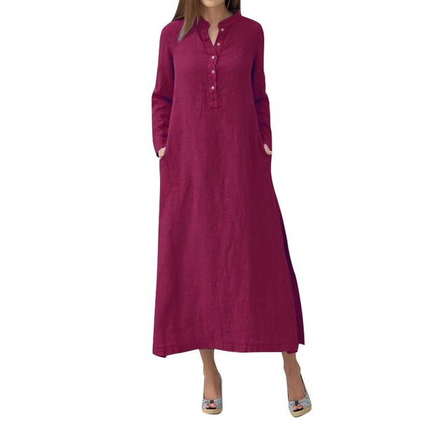 women casual long dress long sleeves side pockets slit vintage maxi robe g11370bu, Black;gray 
women casual long dress long sleeves side pockets slit vintage maxi robe g11370bu, Black;gray