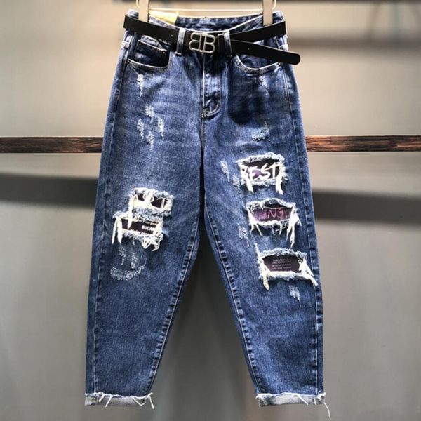 2020 spring autumn fashion women new hole jeans women patch letters loose harlan pants, Blue
2020 spring autumn fashion women new hole jeans women patch letters loose harlan pants, Blue