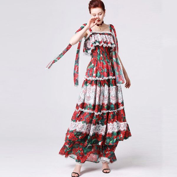 women's runway dresses spaghetti straps floral printed tiered ruffles lace patchwork sashs fashion long party casual dresses, Black
women's runway dresses spaghetti straps floral printed tiered ruffles lace patchwork sashs fashion long party casual dresses, Black