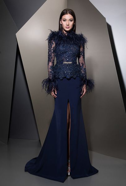 dark navy mermaid ziad nakad lace evening dresses feather jewel neck long sleeves front split prom gowns floor length beaded formal dress, Black;red
dark navy mermaid ziad nakad lace evening dresses feather jewel neck long sleeves front split prom gowns floor length beaded formal dress, Black;red