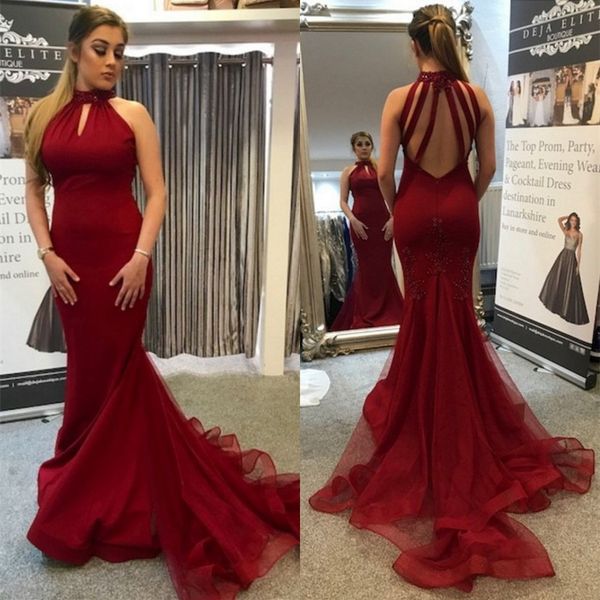 new 2019 burgundy mermaid prom dresses high neck cut out backless beaded lace tulle elastic satin long evening gown party dress, Black;red
new 2019 burgundy mermaid prom dresses high neck cut out backless beaded lace tulle elastic satin long evening gown party dress, Black;red