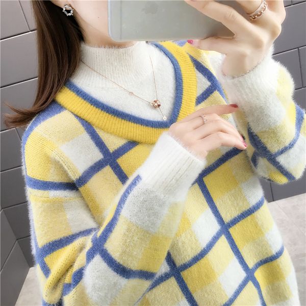 sweater women real jumper winter 2019 new plaid color blocking loose imitation mink sweater high collar net lazy style knitwear, White;black
sweater women real jumper winter 2019 new plaid color blocking loose imitation mink sweater high collar net lazy style knitwear, White;black