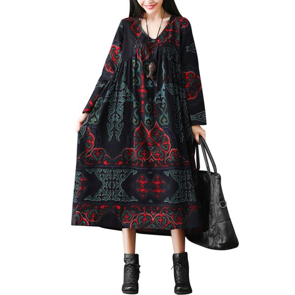 women vintage casual plus size long dress retro print v neck long sleeve autumn winter baggy large size cotton linen maxi dress, Black;gray
women vintage casual plus size long dress retro print v neck long sleeve autumn winter baggy large size cotton linen maxi dress, Black;gray