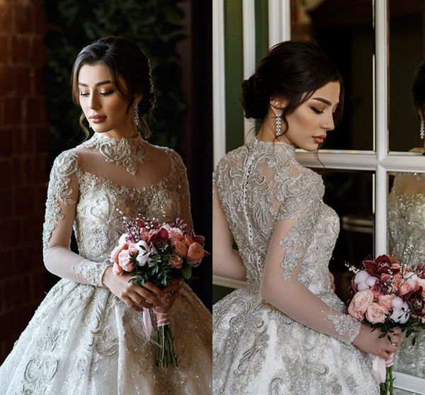 2020 a line wedding gowns lace tulle applique sequins zipper plus size wedding dresses sweep train high collar long sleeve bridal gowns, White
2020 a line wedding gowns lace tulle applique sequins zipper plus size wedding dresses sweep train high collar long sleeve bridal gowns, White