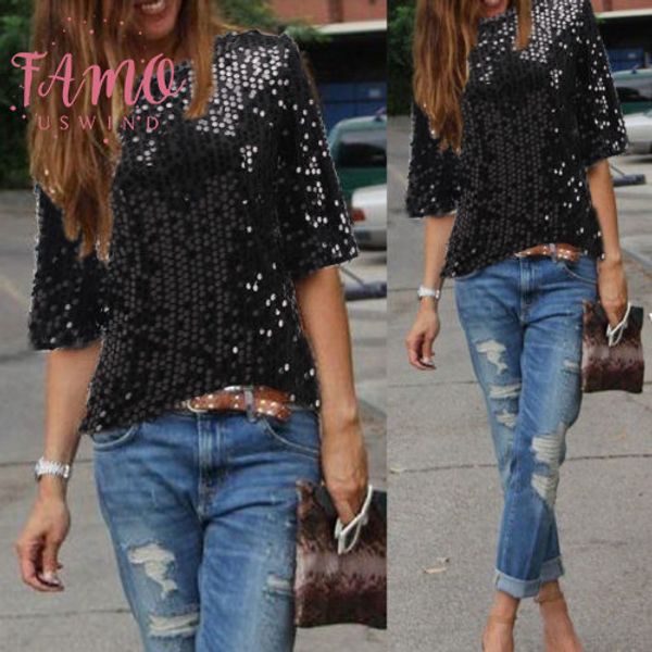 ladies glistening sequined t shirt summer half sleeve black silver slim tee v neck shirt women clothes, White
ladies glistening sequined t shirt summer half sleeve black silver slim tee v neck shirt women clothes, White