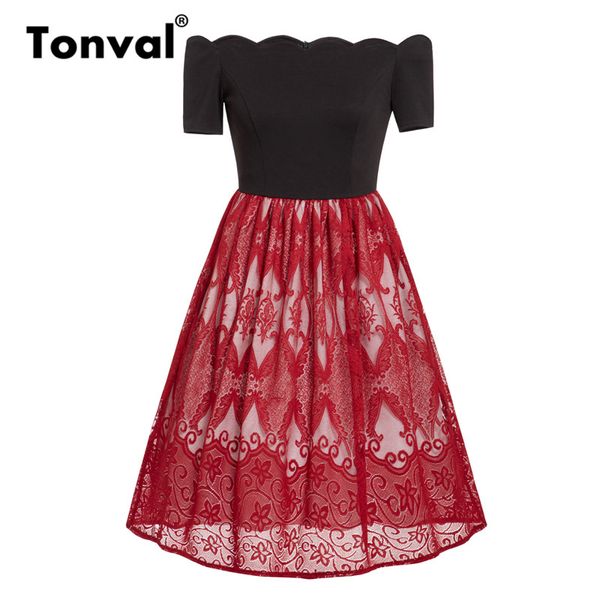tonval vintage red lace overlay fit and flare dress scalloped trim short sleeve pleated summer women party off shoulder dresses, Black;gray
tonval vintage red lace overlay fit and flare dress scalloped trim short sleeve pleated summer women party off shoulder dresses, Black;gray