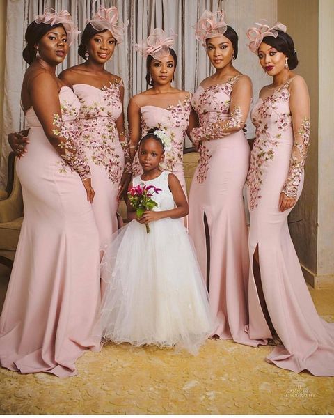 pink long sleeve black girl african mermaid bridesmaid dresses front split plus size lace applique maid of honor dresses formal gown, White;pink
pink long sleeve black girl african mermaid bridesmaid dresses front split plus size lace applique maid of honor dresses formal gown, White;pink