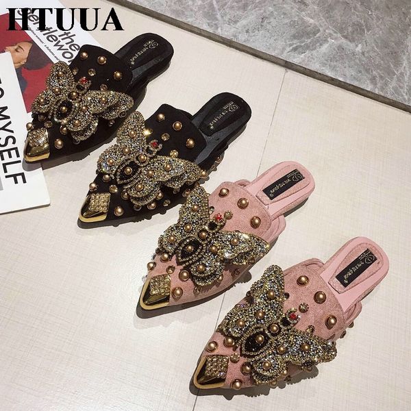 htuua metal bumper pointed toe flock mules slippers women pearls rivets rhinestone butterfly flat slides shoes woman sx3166, Black
htuua metal bumper pointed toe flock mules slippers women pearls rivets rhinestone butterfly flat slides shoes woman sx3166, Black