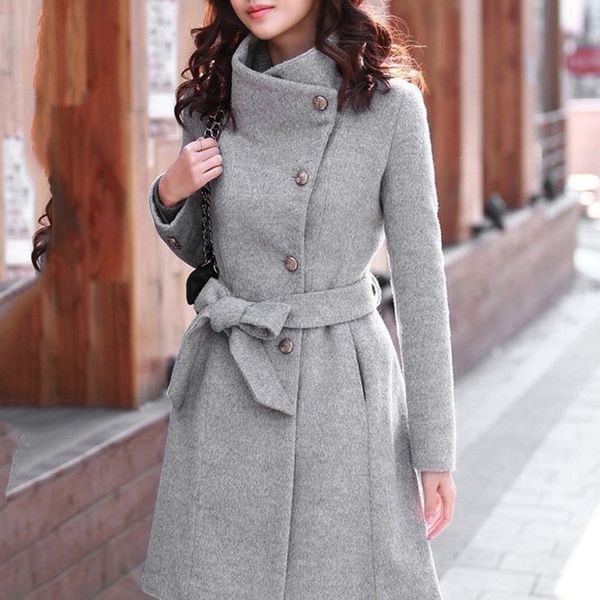 

women wool coat long sleeve lapel overcoat winter warm outwear woolen blend elegant slim long jackets female #t2g, Black