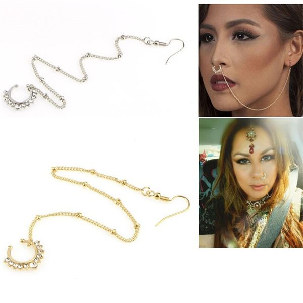 1pc classic c - shaped false nose ring with chain earrings set traditional indian woman nose piercing body jewelry for lady, Slivery;golden
1pc classic c - shaped false nose ring with chain earrings set traditional indian woman nose piercing body jewelry for lady, Slivery;golden