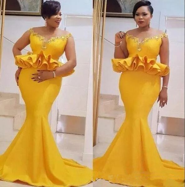 bright yellow mermaid prom dresses plus size satin ruffles peplum evening gowns aso ebi sweep train formal party dress vestido de fiesta, Black;red
bright yellow mermaid prom dresses plus size satin ruffles peplum evening gowns aso ebi sweep train formal party dress vestido de fiesta, Black;red