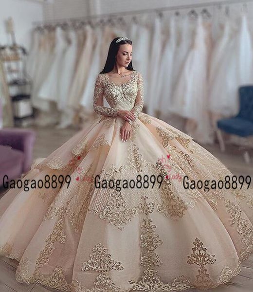 

2020 champagne luxury ball gown wedding dresses sheer long sleeves lace appliques tulle saudi arabic budai bridal dresses puffy gowns, White