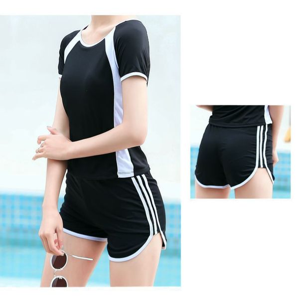women two-piece swimsuit female split boxer shorts padded conservative short sleeve slim swimwear suit bathing suit for women, White;black
women two-piece swimsuit female split boxer shorts padded conservative short sleeve slim swimwear suit bathing suit for women, White;black