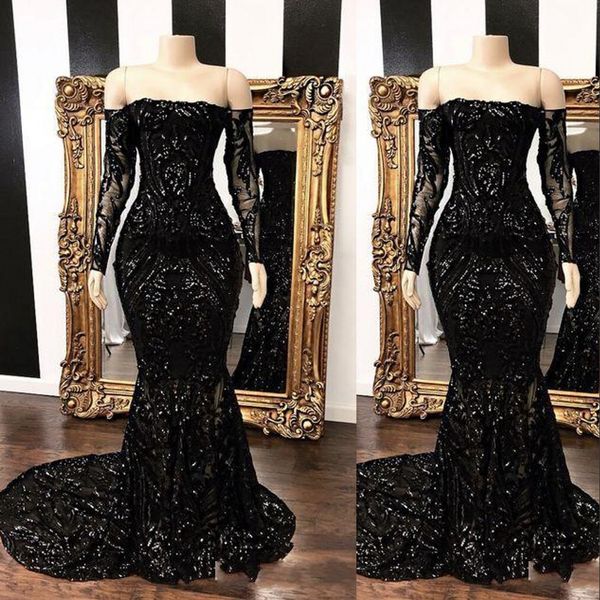 arabic black sequined lace evening dresses wear illusion off the shoulder mermaid long sleeves sequins party gowns formal prom dress, Black;red
arabic black sequined lace evening dresses wear illusion off the shoulder mermaid long sleeves sequins party gowns formal prom dress, Black;red