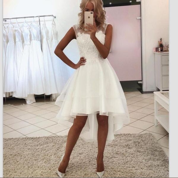 setwell jewel sheer neck a-line hi-lo wedding dresses sleeveless lace appliques short beach bridal gowns, White
setwell jewel sheer neck a-line hi-lo wedding dresses sleeveless lace appliques short beach bridal gowns, White