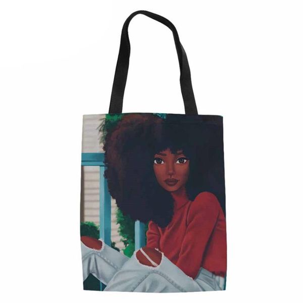 whereisart canvas tote bags for women foldable shopping bag ladies black african american girls printing shoulder shopper bags