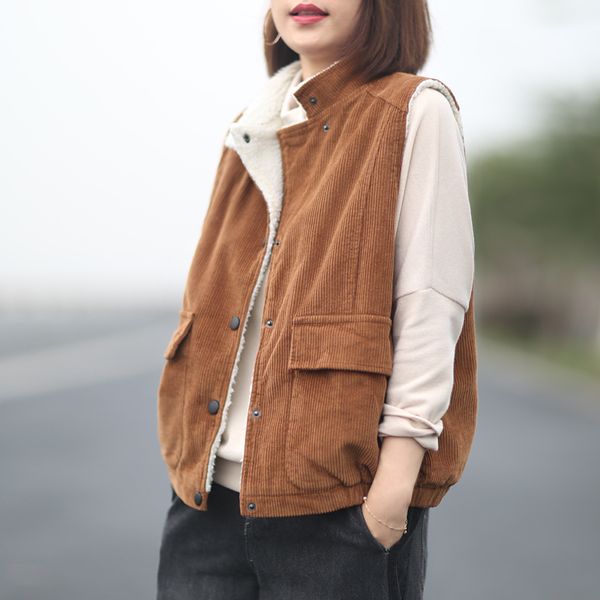 johnature women corduroy vests vintage coats 2019 autumn new button stand sleeveless pockets solid color warm casual women vests, Black;white
johnature women corduroy vests vintage coats 2019 autumn new button stand sleeveless pockets solid color warm casual women vests, Black;white