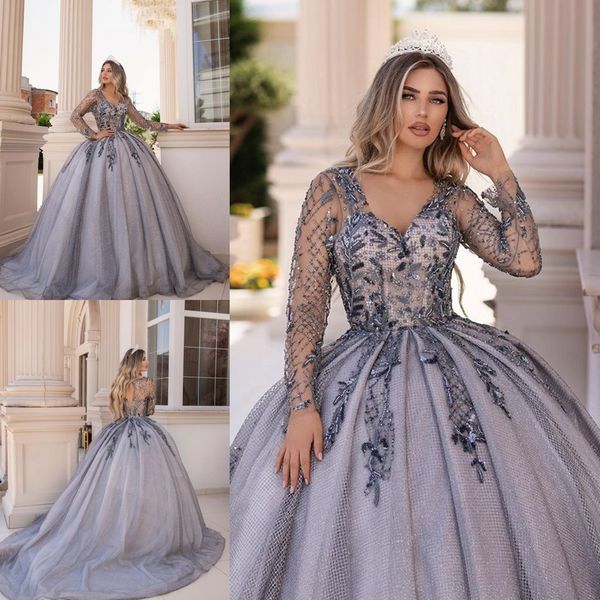 ball gown prom dresses v neck long sleeve appliques beads tulle party gowns sweep train special occasion dresses, Black
ball gown prom dresses v neck long sleeve appliques beads tulle party gowns sweep train special occasion dresses, Black