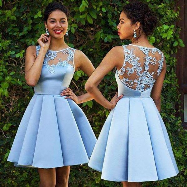 2019 new short mini cocktail dresses light sky blue satin sheer lace back a line formal party prom dresses custom made sale, Black
2019 new short mini cocktail dresses light sky blue satin sheer lace back a line formal party prom dresses custom made sale, Black