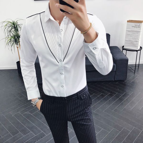 fashion designer v-shaped pleated shirt wedding banquet club shirt men's tuxedo slim long-sleeved button-down korean men, White;black 
fashion designer v-shaped pleated shirt wedding banquet club shirt men's tuxedo slim long-sleeved button-down korean men, White;black