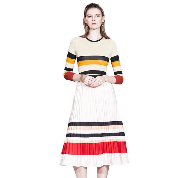 2019 new suit autumn round neck long sleeve contrast color stitching sweater + pleated skirt womens clothing 2 piece set size s-l, White
2019 new suit autumn round neck long sleeve contrast color stitching sweater + pleated skirt womens clothing 2 piece set size s-l, White