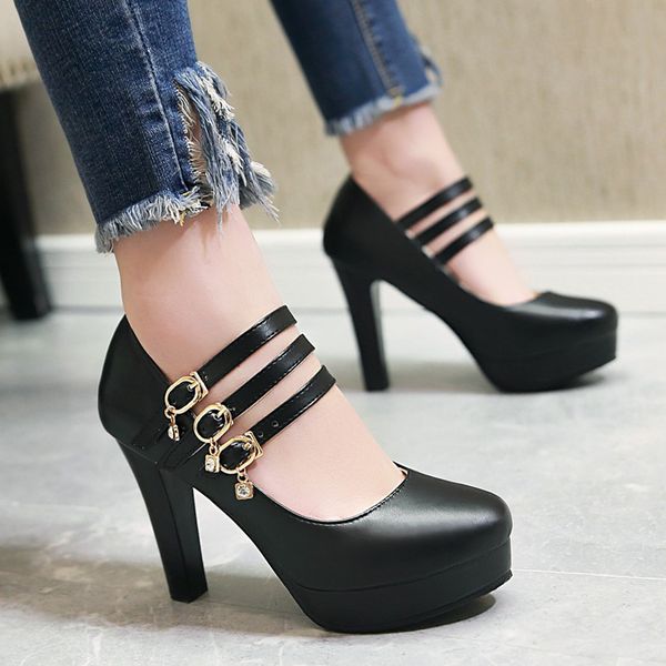 

qwedf brand 2019 elegant big size 48 high heels party women shoes woman platform buckles comfort mary janes pumps shoes a7-88, Black