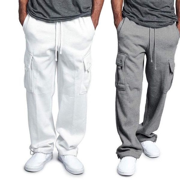 

Januarysnow Casual Mens Jogger Gym Heavy Weight Fleece Cargo Pocket Sweat Pants Drawstring Trousers, White