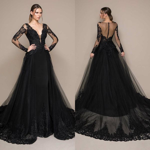 black evening dresses with detachable train deep v neck lace appliqued sweep train long sleeve prom dress custom made cocktail gowns, Black;red
black evening dresses with detachable train deep v neck lace appliqued sweep train long sleeve prom dress custom made cocktail gowns, Black;red