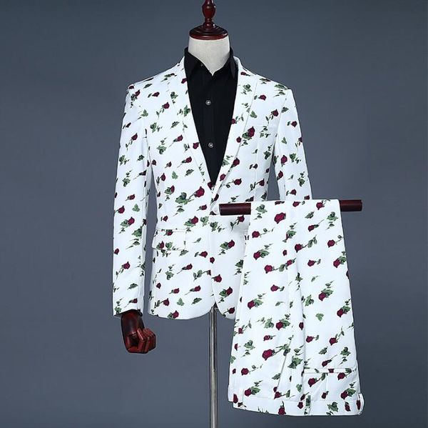 jacket + pants) men's slim performance costume white men's suit suit groom dress host digital printing small roses, White;black
jacket + pants) men's slim performance costume white men's suit suit groom dress host digital printing small roses, White;black