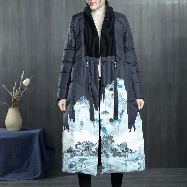 down jacket women 2018 new winter ethnic wind ink printing knit collar stitching tassel long knee-length coat 90198, Black
down jacket women 2018 new winter ethnic wind ink printing knit collar stitching tassel long knee-length coat 90198, Black