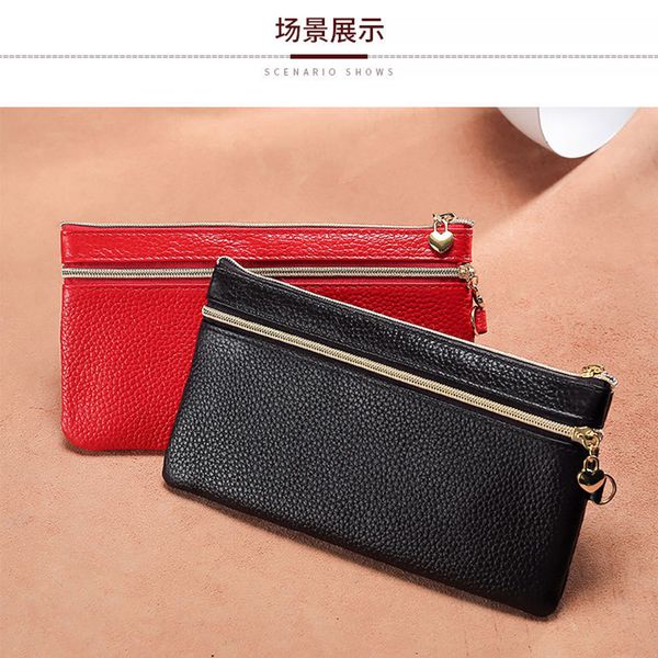 women genuine leather wristlets wallet zipper purses cowhide long clutches wallets card holder phone pocket banknote pouches new, Red;black