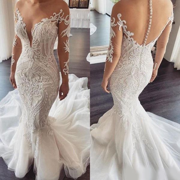 2020 gorgeous lace appliques mermaid wedding dresses illusion long sleeve covered button tulle bridal gowns robes de mariée custom made, White
2020 gorgeous lace appliques mermaid wedding dresses illusion long sleeve covered button tulle bridal gowns robes de mariée custom made, White