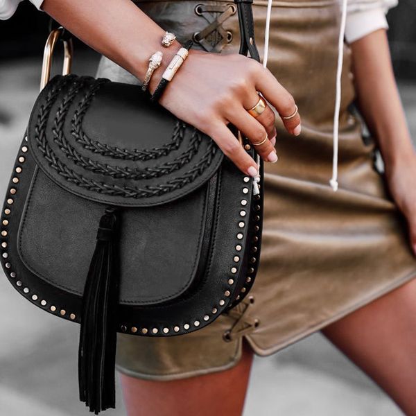 fashion brand classic style womens designer handbag tassel suede real cowskin leather lady cross body rivet tassel saddle bag dress bags