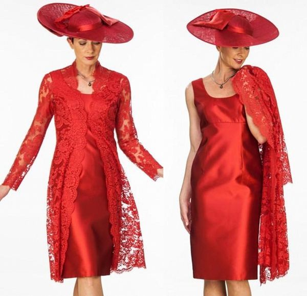 sheath mother of the bride dresses two pieces with long lace jacket scoop neckline mother wear knee length evening dress, Black;red
sheath mother of the bride dresses two pieces with long lace jacket scoop neckline mother wear knee length evening dress, Black;red