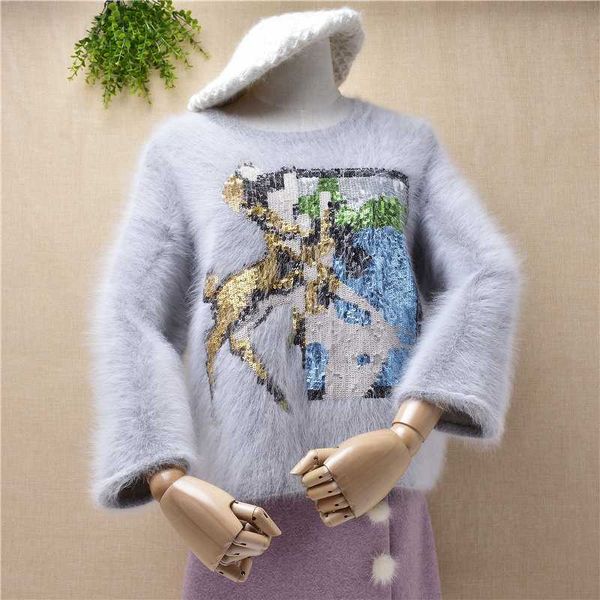 ladies women fashion sequins horse mink cashmere seven flare sleeves loose basic pullover angora fur knitted jumper sweater, White;black
ladies women fashion sequins horse mink cashmere seven flare sleeves loose basic pullover angora fur knitted jumper sweater, White;black