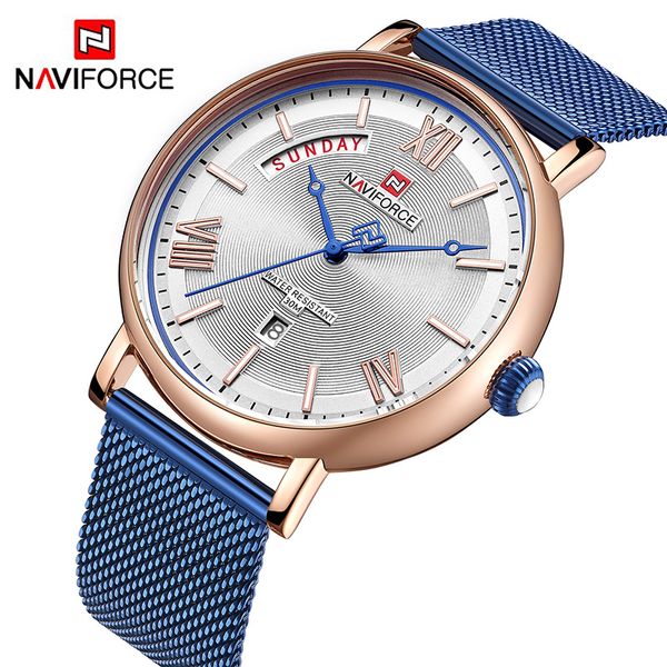 

naviforce brand men fashion quartz watch mens waterproof stainless steel mesh wristwatch calendar casual relogio masculino, Slivery;brown