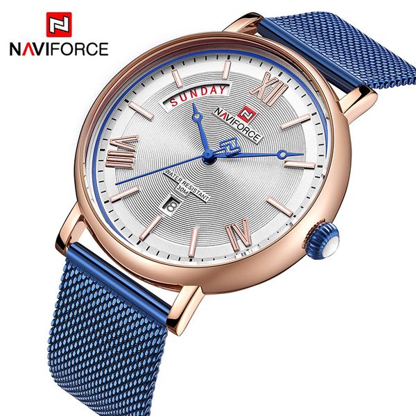 

naviforce brand men fashion quartz watch mens waterproof stainless steel mesh wristwatch calendar casual relogio masculino, Slivery;brown