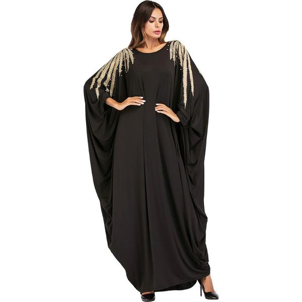 

2019 fashion muslim dress batwing abaya pearls bat sleeve women caftan long robe arabe ramadan dubai islamic moroccan kaftan, Red