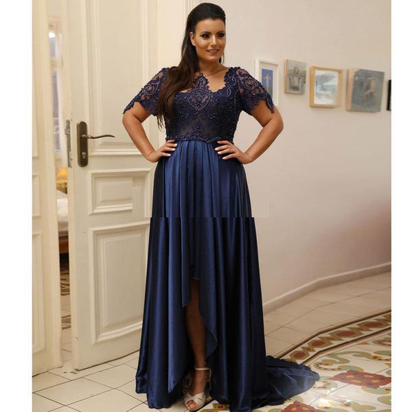 navy blue high low plus size prom dresses with short sleeves sheer bateau neck beaded lace evening gowns satin formal dress, Black
navy blue high low plus size prom dresses with short sleeves sheer bateau neck beaded lace evening gowns satin formal dress, Black