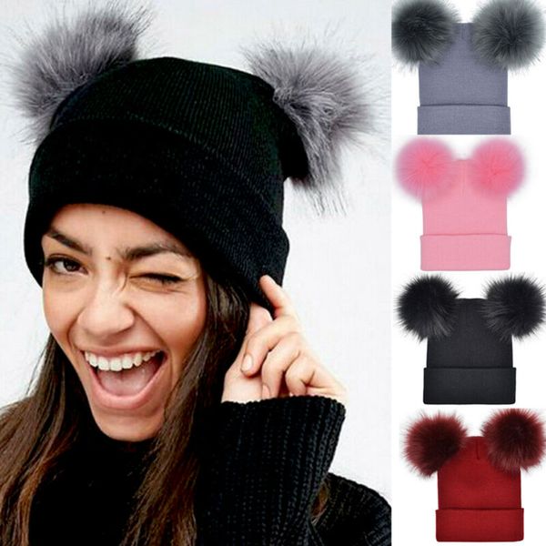 women's winter warm outdoor knitted with double fur pom pom cute beanie hats, Blue;gray
women's winter warm outdoor knitted with double fur pom pom cute beanie hats, Blue;gray