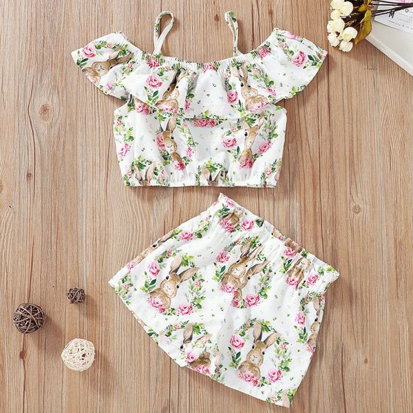 2020 children's set girls sleeveless lotus leaf t-shirt shorts 2 piece easter fashion wreath print sling shirt pant, White
2020 children's set girls sleeveless lotus leaf t-shirt shorts 2 piece easter fashion wreath print sling shirt pant, White