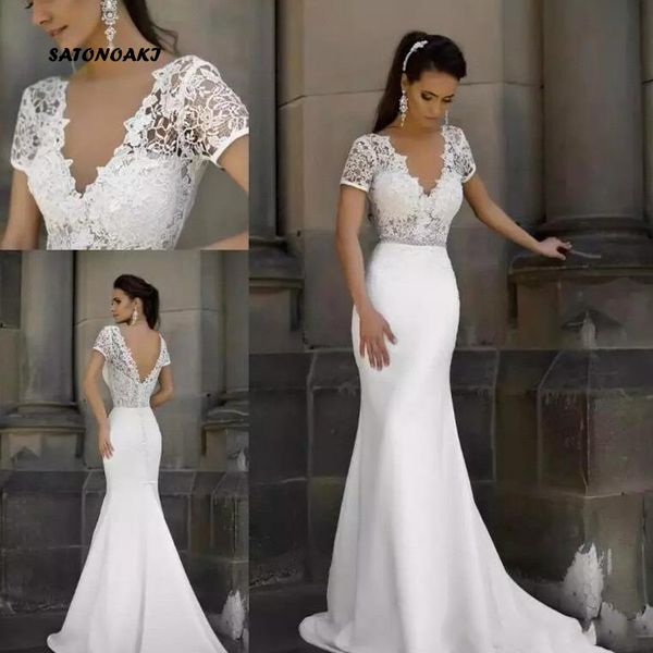 glamorous v neck lace mermaid wedding dresses seen through short sleeves satin backless sweep train wedding gowns with beaded sash, White
glamorous v neck lace mermaid wedding dresses seen through short sleeves satin backless sweep train wedding gowns with beaded sash, White