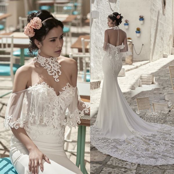 modern high neck mermaid wedding dresses lace appliques satin flowing beach robes de mariée sweep train country trumpet bridal gowns, White
modern high neck mermaid wedding dresses lace appliques satin flowing beach robes de mariée sweep train country trumpet bridal gowns, White