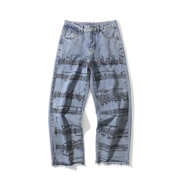men's jeans / wear musical note printed frayed denim pants loose straig trousers high street 2021 streetwear 9y1725, Blue
men's jeans / wear musical note printed frayed denim pants loose straig trousers high street 2021 streetwear 9y1725, Blue