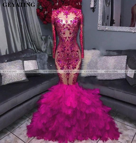 fuchsia pink mermaid long sleeves black girls prom dresses with feathers high neck african graduation dress formal evening gowns, White;black 
fuchsia pink mermaid long sleeves black girls prom dresses with feathers high neck african graduation dress formal evening gowns, White;black