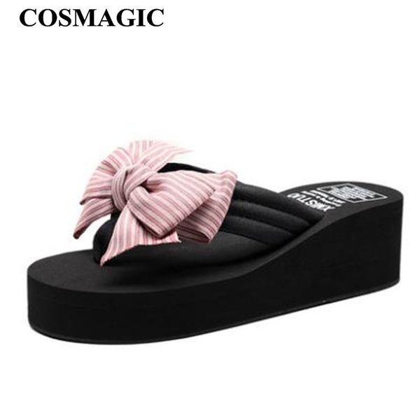 

cosmagic fashion sweet striped bowknot flip flops wedge slipper 2019 new women summer beach platform handmade med heel slide, Black