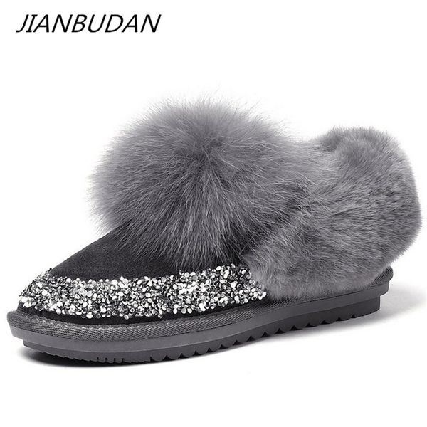 jianbudan sequin leather plush women's snow boots winter warm hair ankle boots soft plush women's flat cotton shoes 35-40, Black