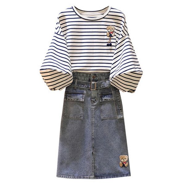two piece dress summer women's 2 sets fashion jeans skirts and striped t-shirts suits plus size female embroidery loose, White
two piece dress summer women's 2 sets fashion jeans skirts and striped t-shirts suits plus size female embroidery loose, White